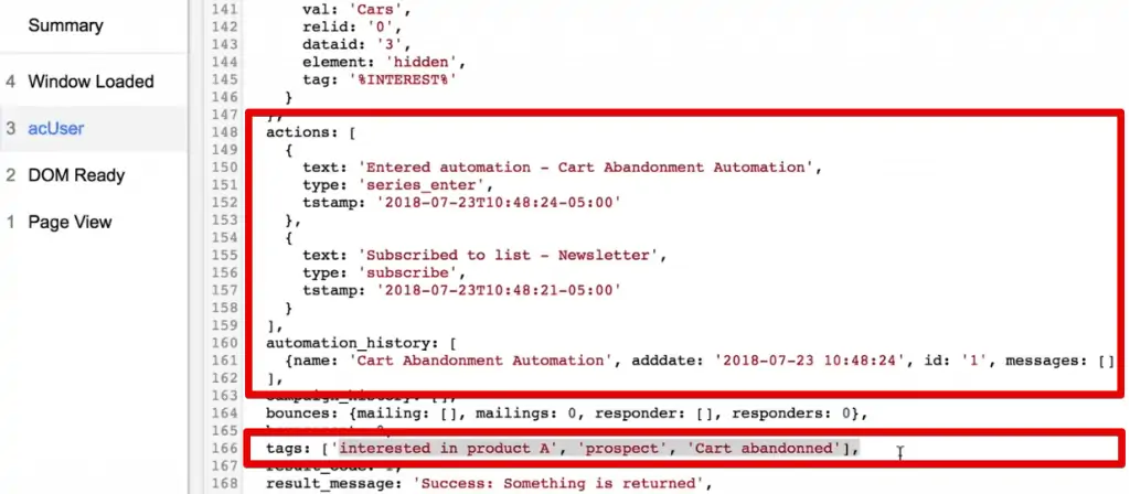 acUser data layer information on actions, automation_history, and tags of a particular user