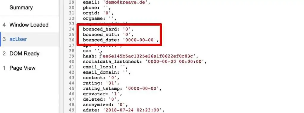 acUser data layer information on bounce rates includes bounced_hard, bounced_soft, and bounced_date