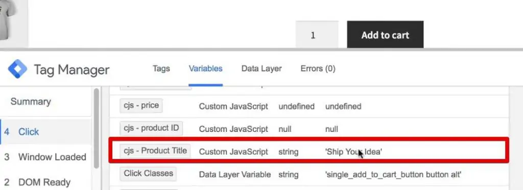 cjs-Product Title is Ship Your Idea under the Variables menu of Google Tag Manager preview mode