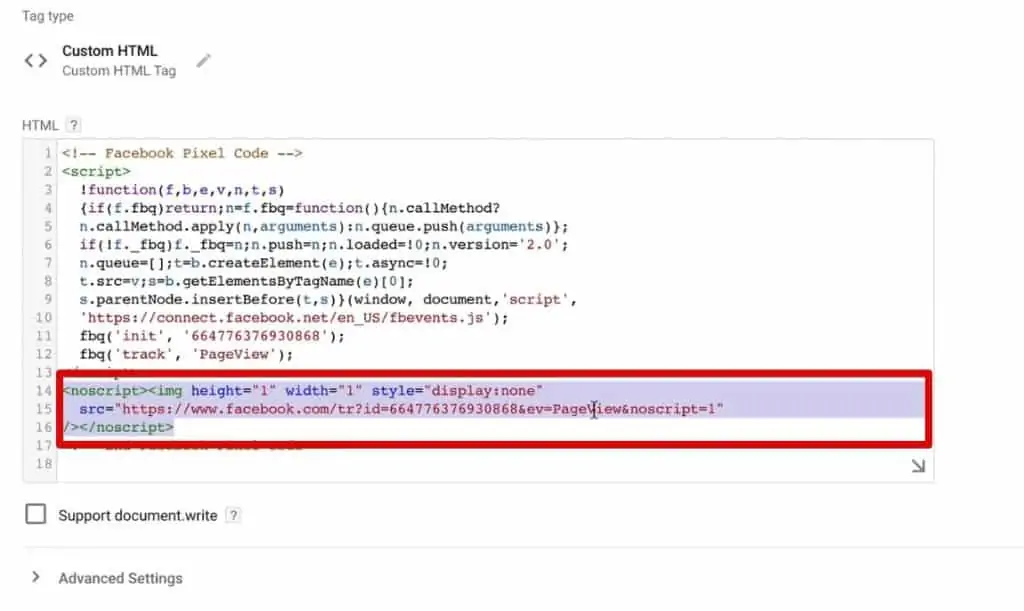noscript Tag of Facebook Pixel Code