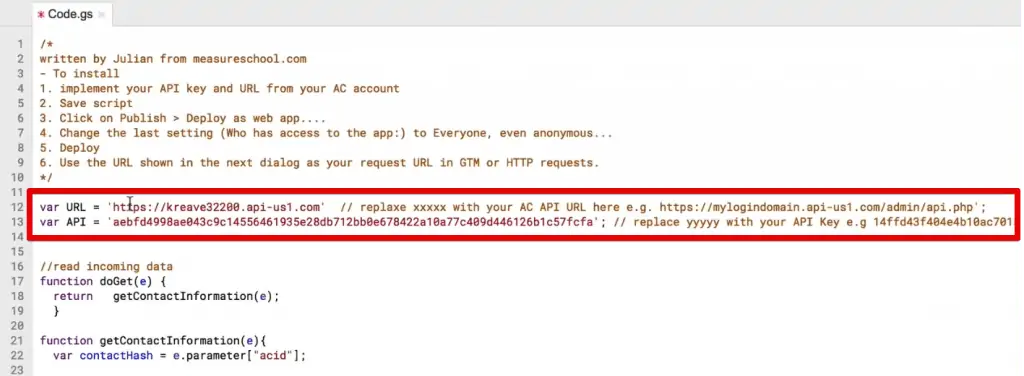 var URL and var API added to the App Script