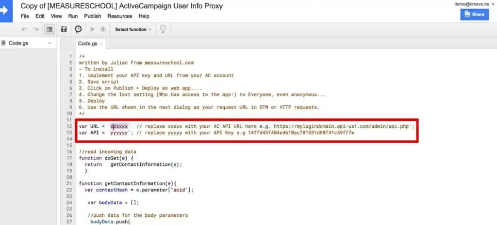 var URL and var API to be added to the App Script