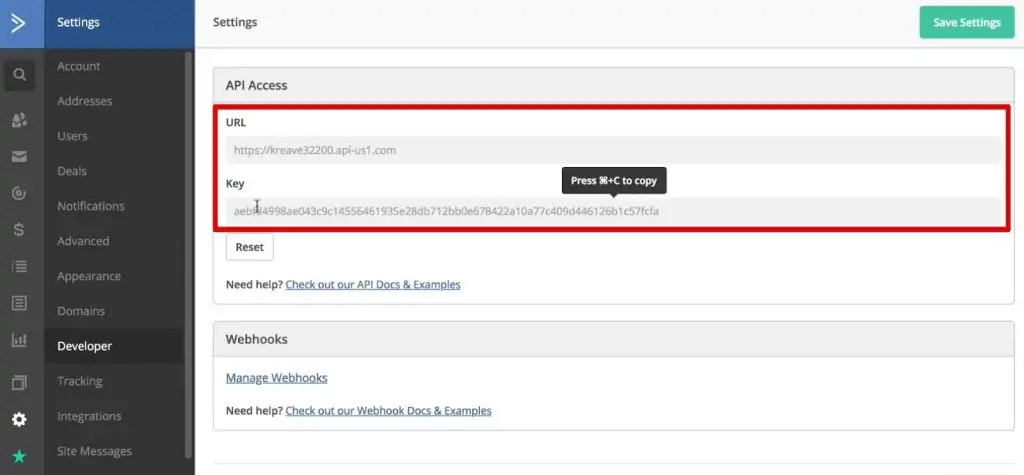 var URL and var API under the Developer tab of ActiveCampaign account