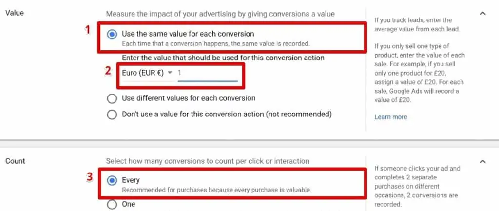 Adding conversion and count value in Google Ads Conversion Tracking