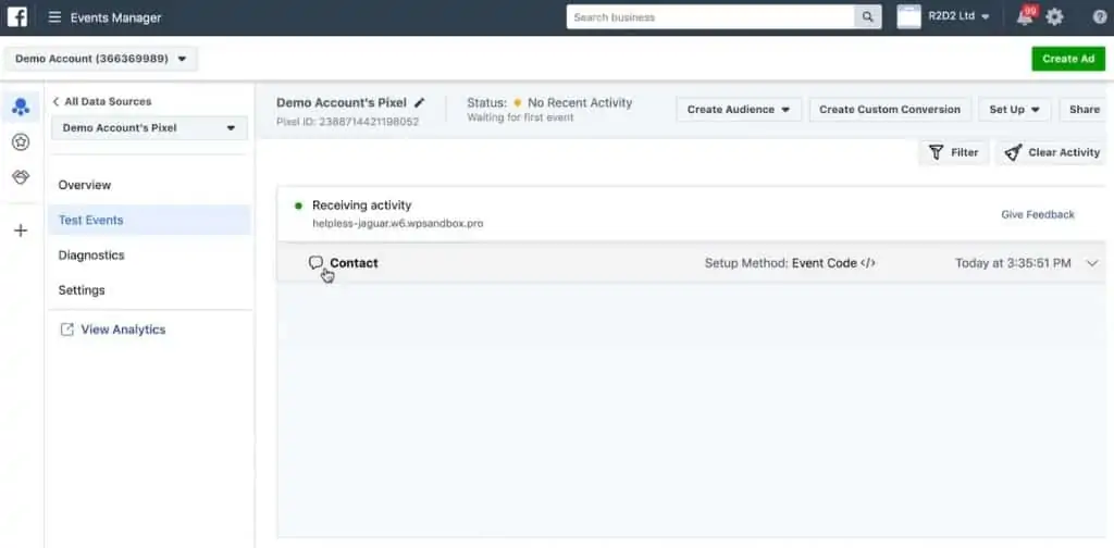 Contact event fired in the Test Events mode of Facebook Pixel