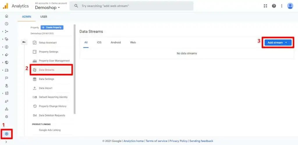 GA4 Admin panel Data Streams page with Add stream button highlighted