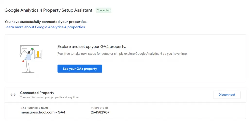 GA4 Property Setup Assistant successfully connected properties, Universal Analytics view