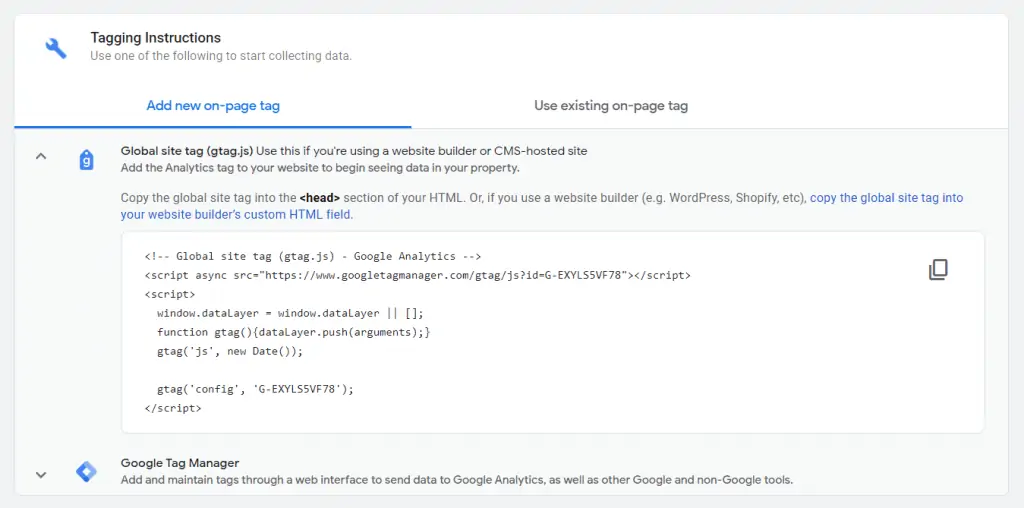 GA4 data stream gtag code