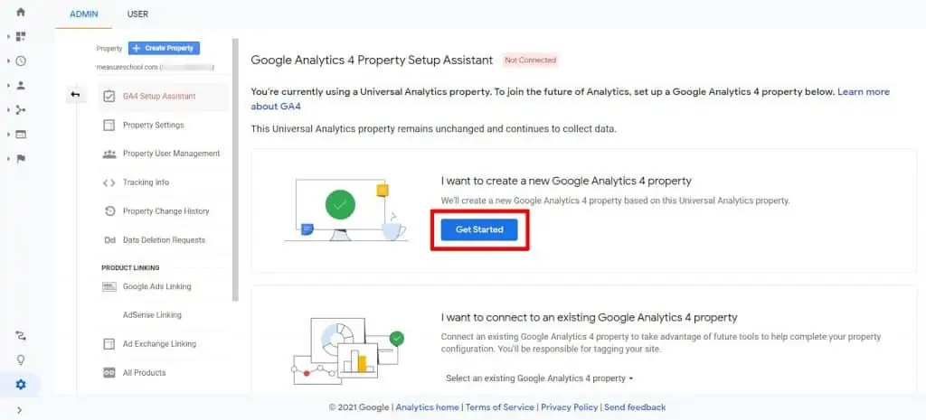 Google Analytics 4 Property Setup Assistant wizard with get started button highlighted