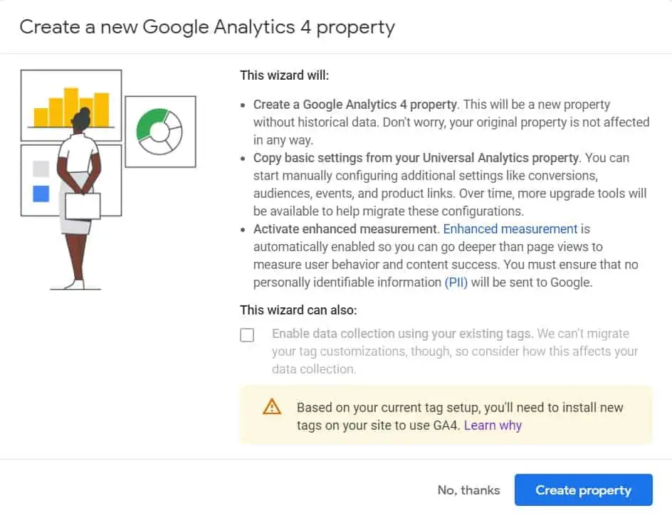 Google Analytics 4 Setup Assistant wizard popup with error message “Based on your current tag setup, you’ll need to install new tags on your site to use GA4”