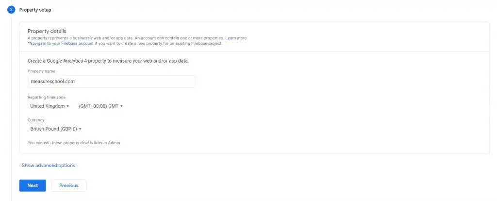 Google Analytics Property Setup configuration to create new GA4 property