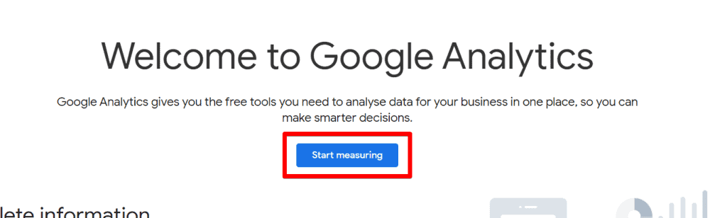 Google Analytics welcome screen with Start Measuring button highlighted