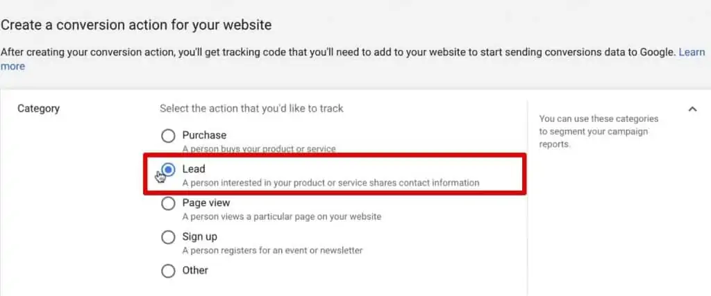 Selecting Conversion Category as Lead in Google Ads