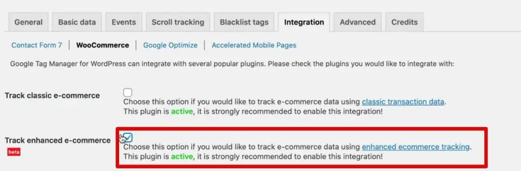 Selecting the Track enhanced e-commerce option to access the data layer of the demo store