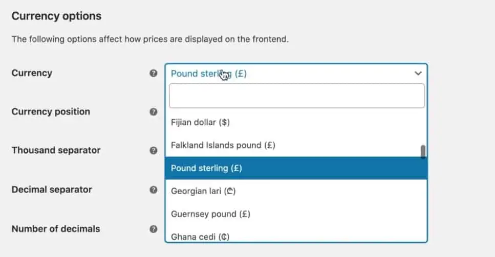 Setting the Currency options for the demo store