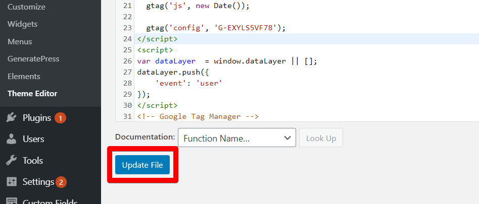 WordPress theme editor with Update File button highlighted