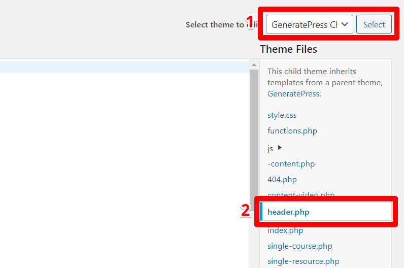 WordPress theme editor with child theme and header file selected