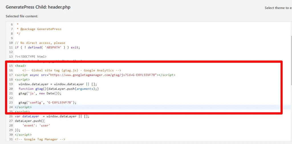 WordPress theme editor with gtag code pasted in after the head tag