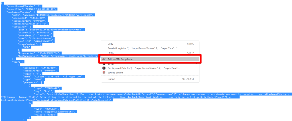 Copy the whole JSON file for a container while in-browser to add the container to the GTM Copy/Paste Chrome extension