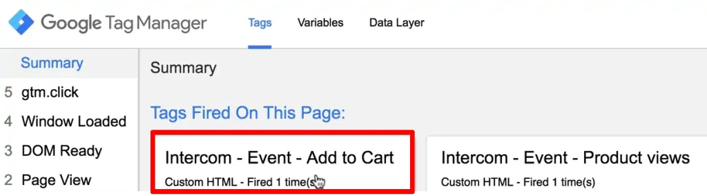 Add to cart button click Tag fired in the debug console of Google Tag Manager