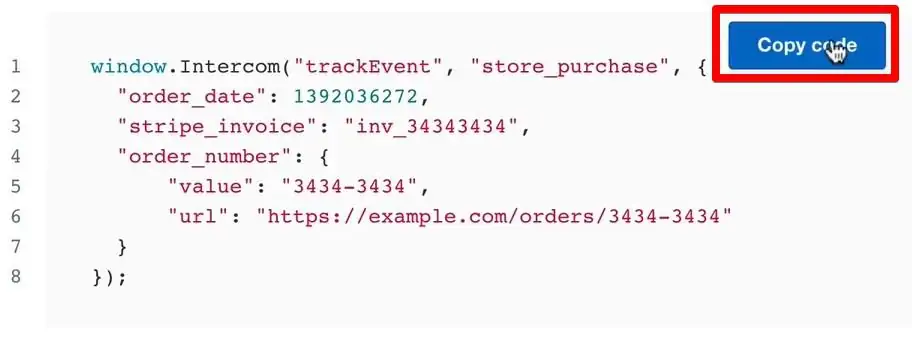 Custom events code for event tracking in the Intercom account