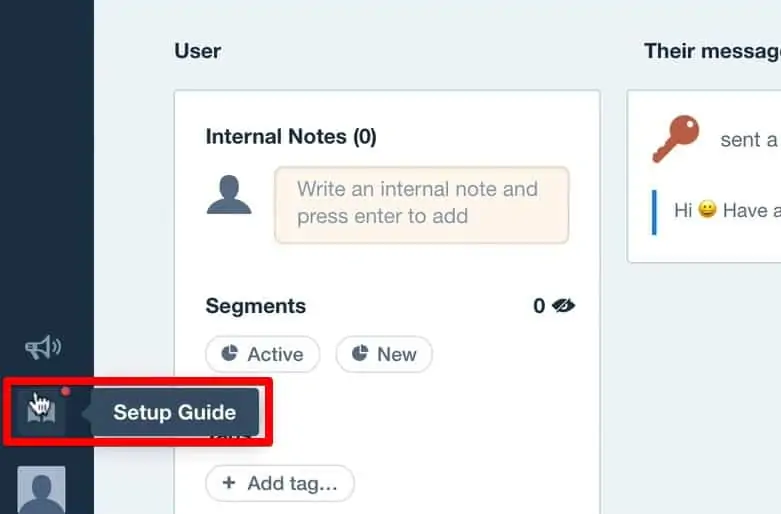 Setup Guide menu for event tracking in the Intercom account