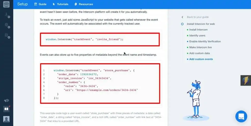 Tracking Codes for custom events tracking in the Intercom account