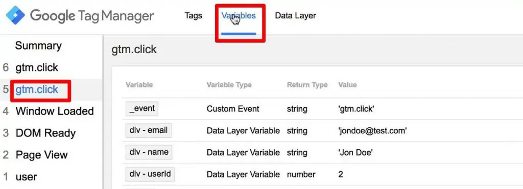 Variables under the gtm.click menu of the debug console in Google Tag Manager