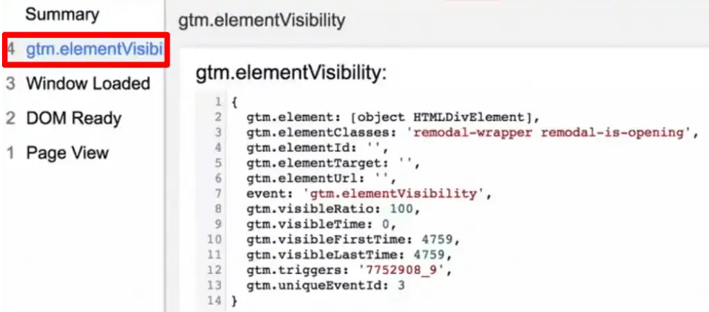 Element visibility fires data in the preview and debug console of Google Tag Manager