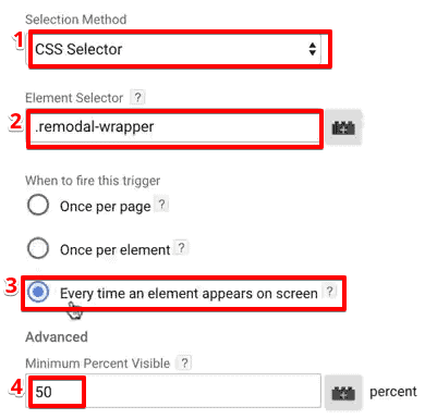 Setting up element visibility trigger for tracking popups in Google Tag Manager