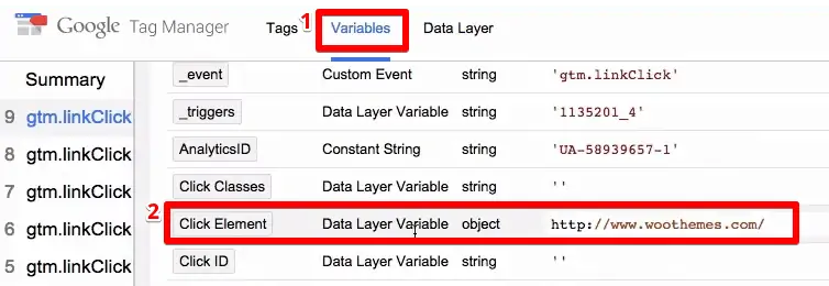 Click element under the Variables section of Google Tag Manager