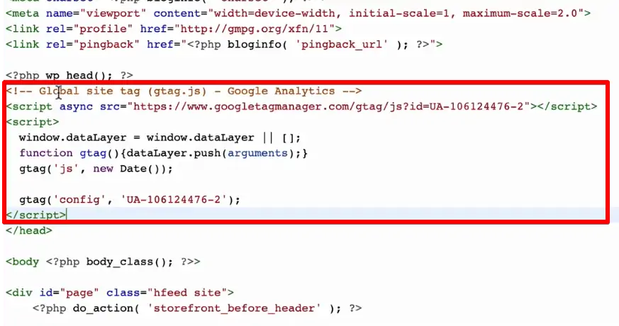 Adding the Global Site Tag code for installing Google Analytics to your website