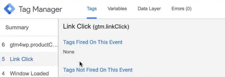 Checking the fired Tag results for inbound links in the debug console of Google Tag Manager