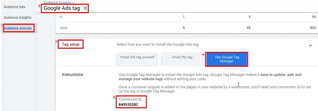 Copying the Conversion ID from the Google Ads Tag in the Google Ads account