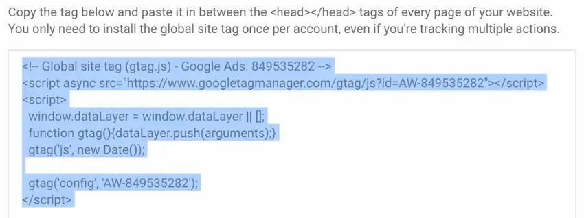 Copying the Global Site Tag standard code to paste into the head section of your website