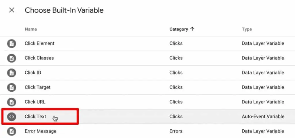 Creating a new Built-In variable of Click Text type in Google Tag Manager