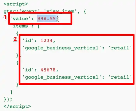 Data layer code shows information about the value and id of the product