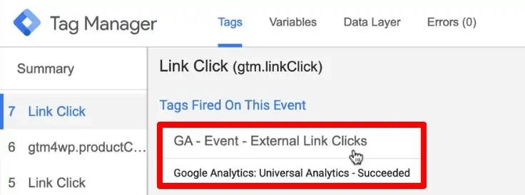 Event fires on outbound link clicks in the debug console of Google Tag Manager