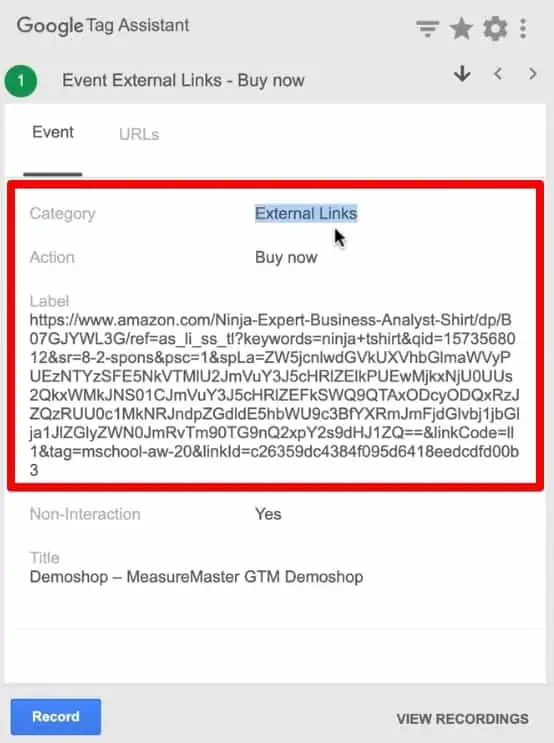Event parameters sent to Google Analytics seen on Google Tag Assistant