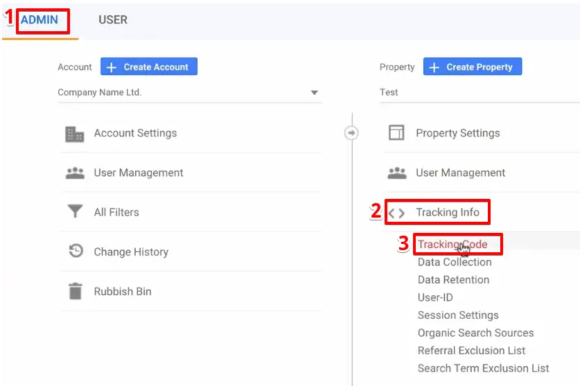 Global Site Tag tracking code in Google Analytics Admin panel