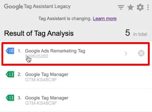 Google Ads Remarketing Tag in Google Tag Assistant Legacy