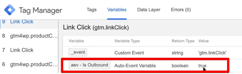 Link Click for external link returns the value true for the auto event variable in Google Tag Manager