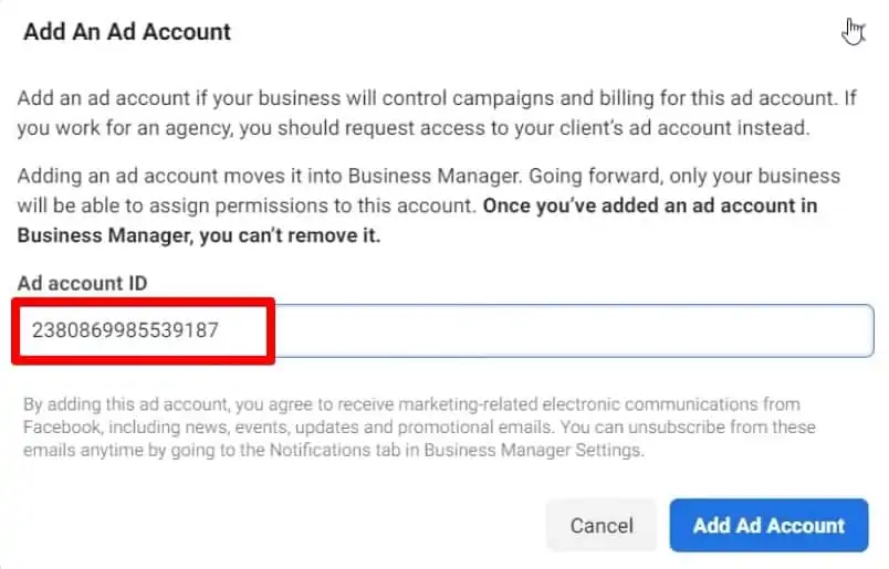 Add an Ad account by entering your ad account ID