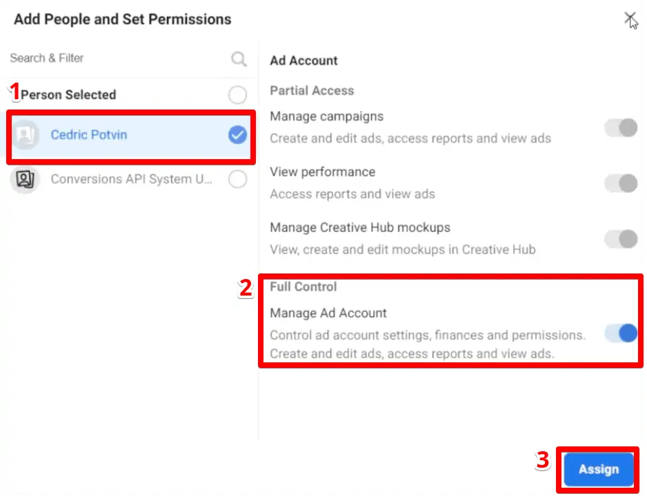 Add people users and set permissions for an Ad Account on Business Manager