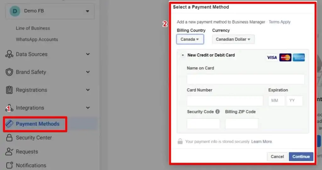 Adding or selecting payment methods for a Business Manager account