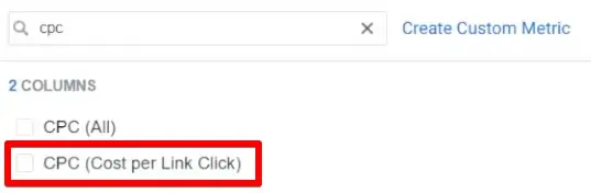 Adding the cost per link click metric for creating a custom view in Facebook Business Manager