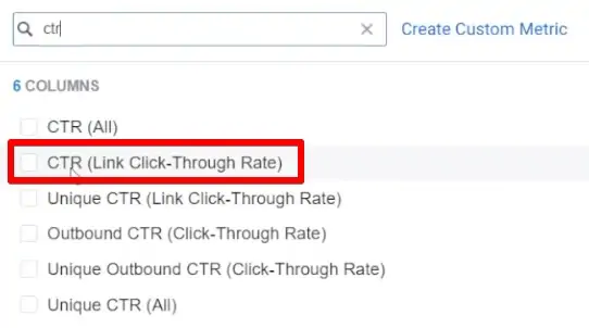 Adding the link click-through rate metric for analyzing ad results in Facebook Business Manager