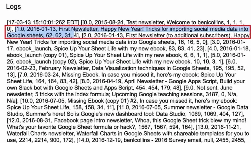Campaign Data fetched from MailChimp account as displayed in Logs in the Script editor