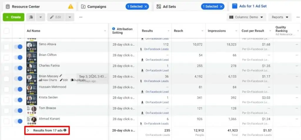 Checking the number of ads present in an ad campaign from Facebook Business Manager