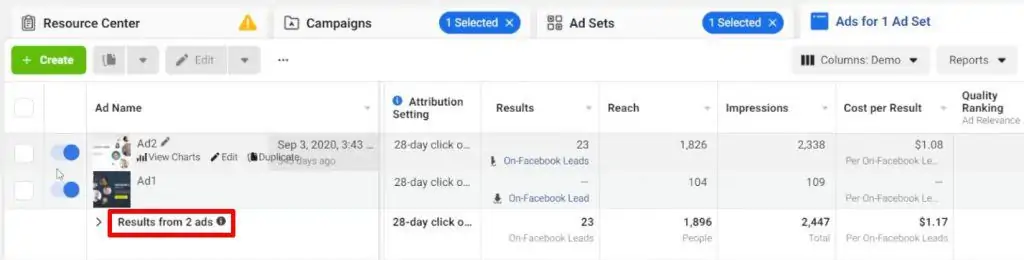 Checking the number of ads present in a Facebook ad set from Facebook Business Manager